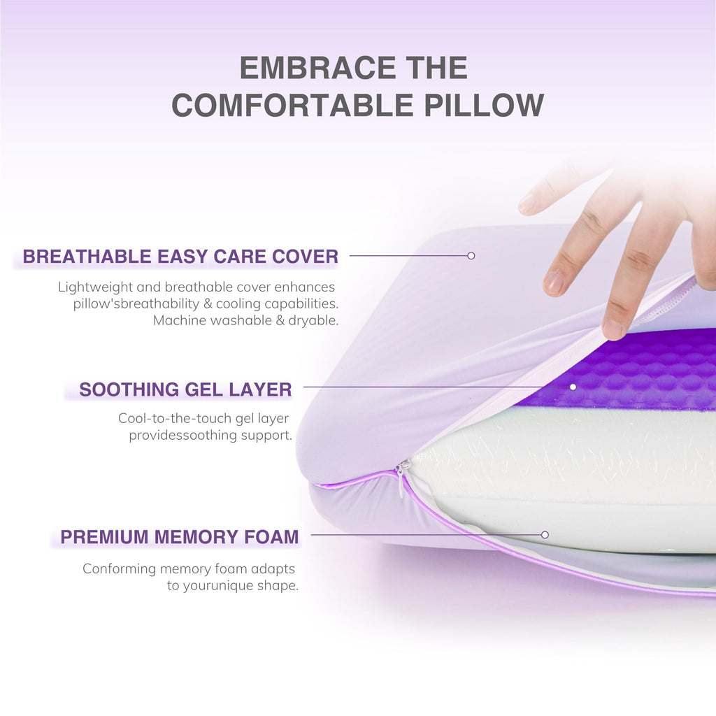 Memory Foam Pillow, Cooling Gel Bed Pillow, Queen, Purple