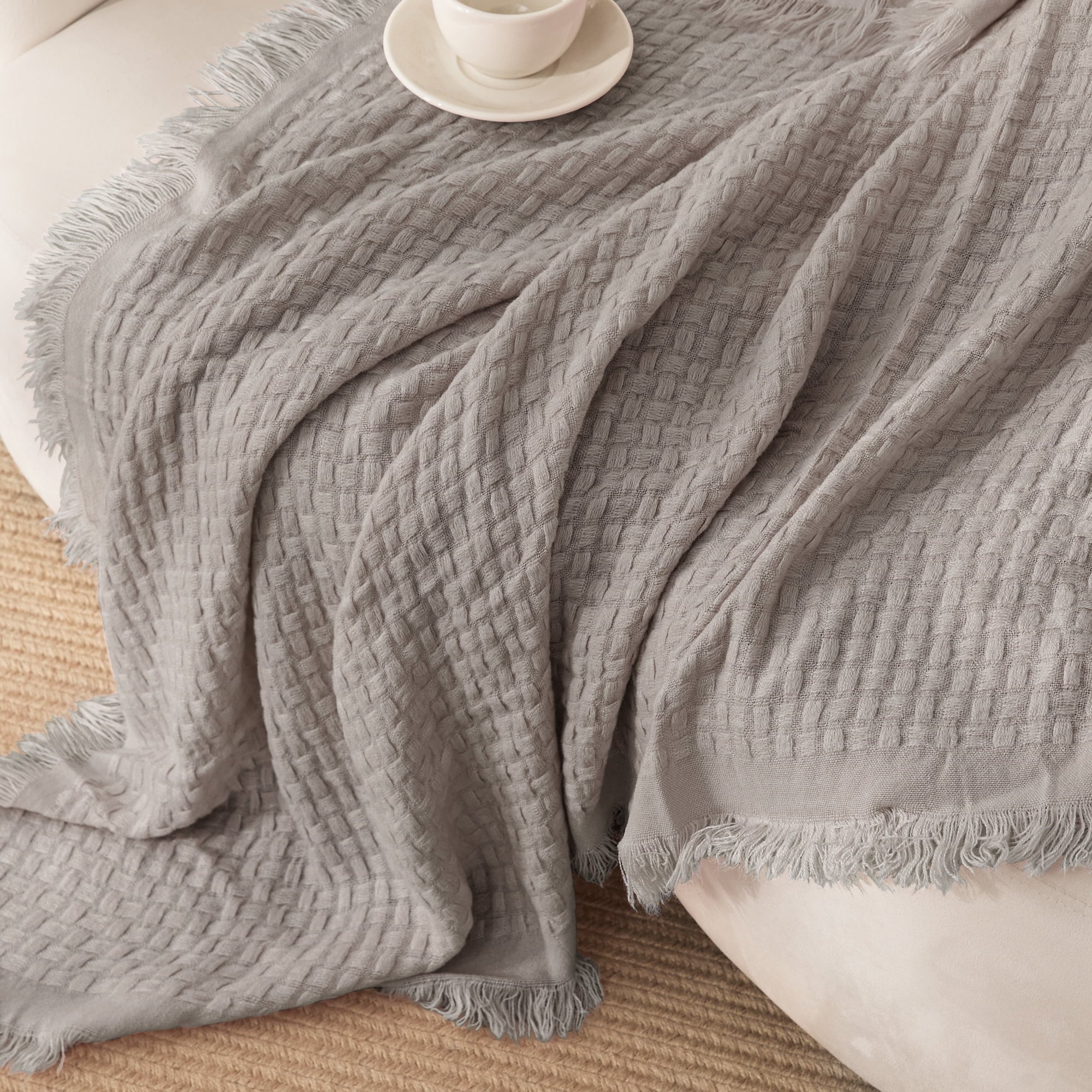 Knitted Throw Blanket with Fringes for Couch, Soft and Warm Textured Throw for All Season, Lightweight Breathable Roo...