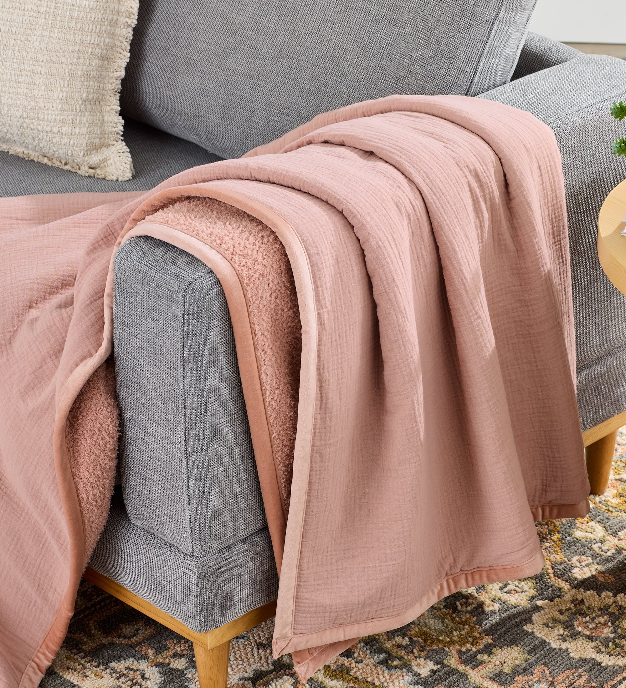 Gauze Reverse to Cozy Knit Super Soft Throw Blanket, Oversized, Antique Blush