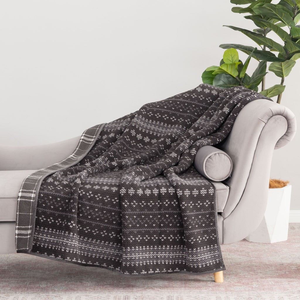 Berkshire Life Reversible Printed Hampshire Soft Throw Blanket, Glacier Fair Isle