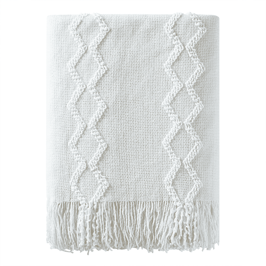 Fluffy Chenille Knitted Fringe Throw Blanket, Lightweight Soft Cozy Bed Sofa Chair Blanket, White, 50" x 60"