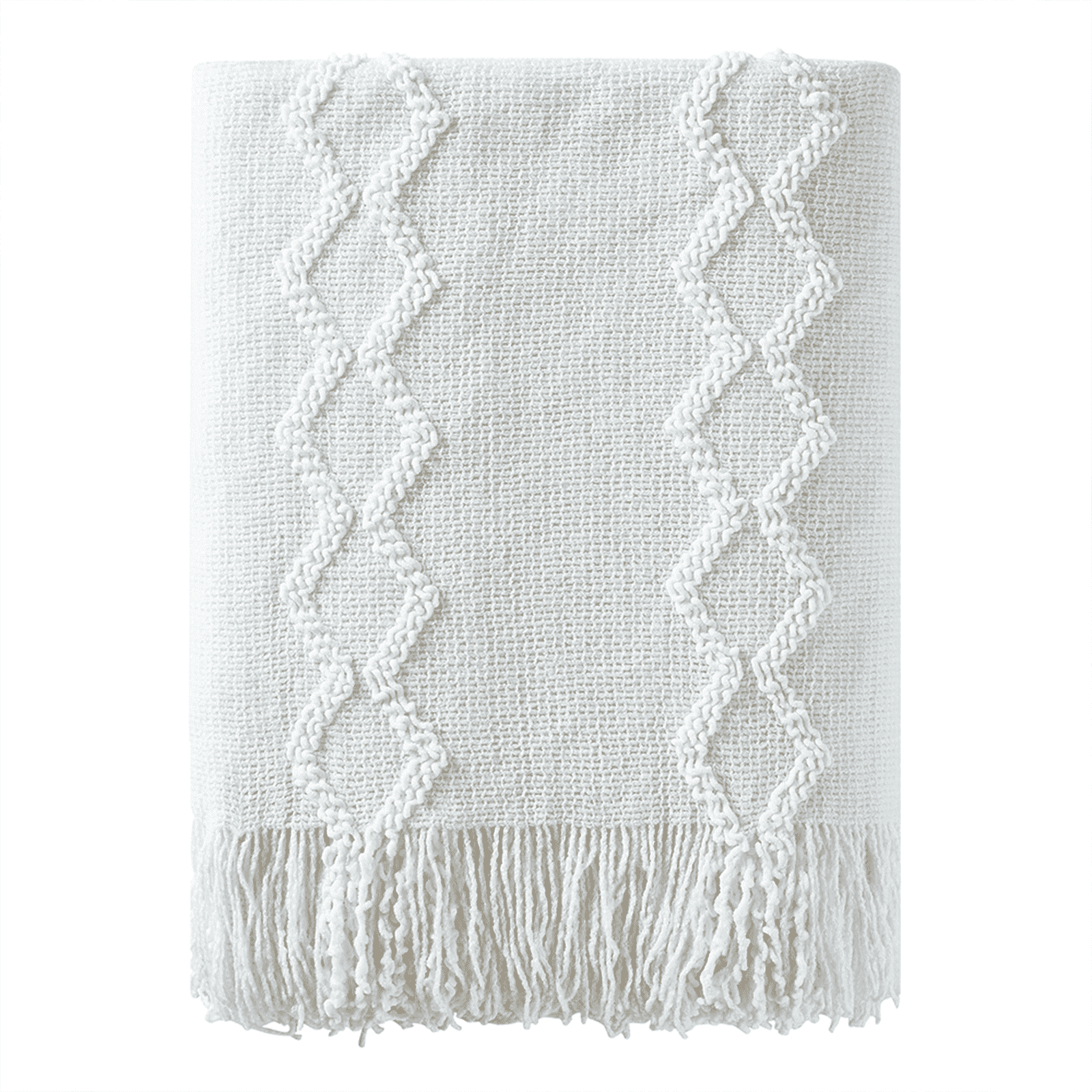 Fluffy Chenille Knitted Fringe Throw Blanket, Lightweight Soft Cozy Bed Sofa Chair Blanket, White, 50" x 60"