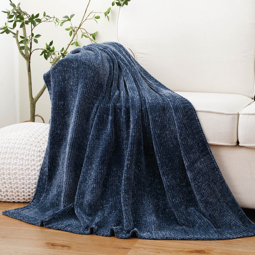 Navy Blue Chenille Throw for Couch Bed,Soft Navy Knit Blanket, Housewarming Gifts, 51"x 67"