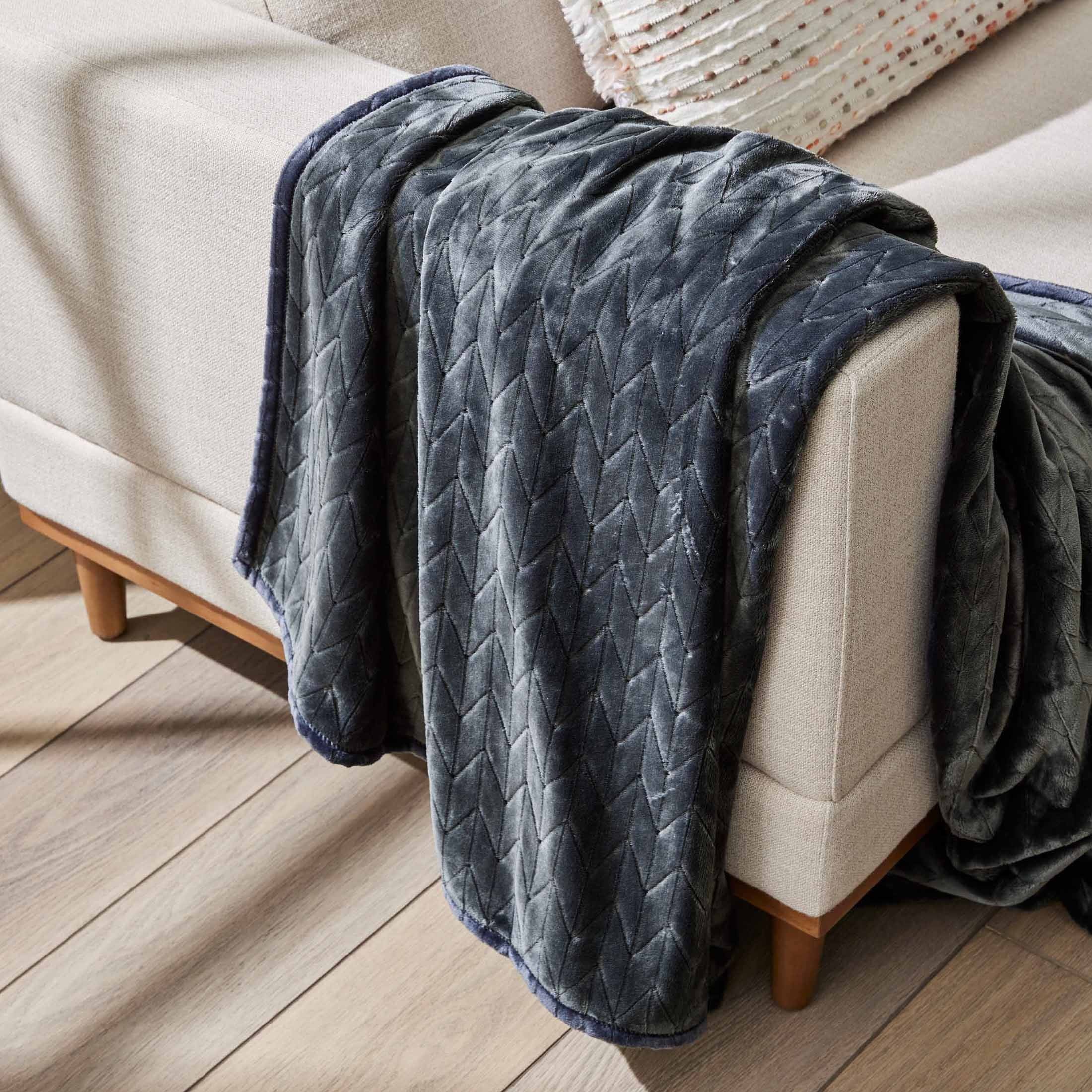 Textured Velvet Plush Soft Fleece Throw Blanket, Oversized, Greystone