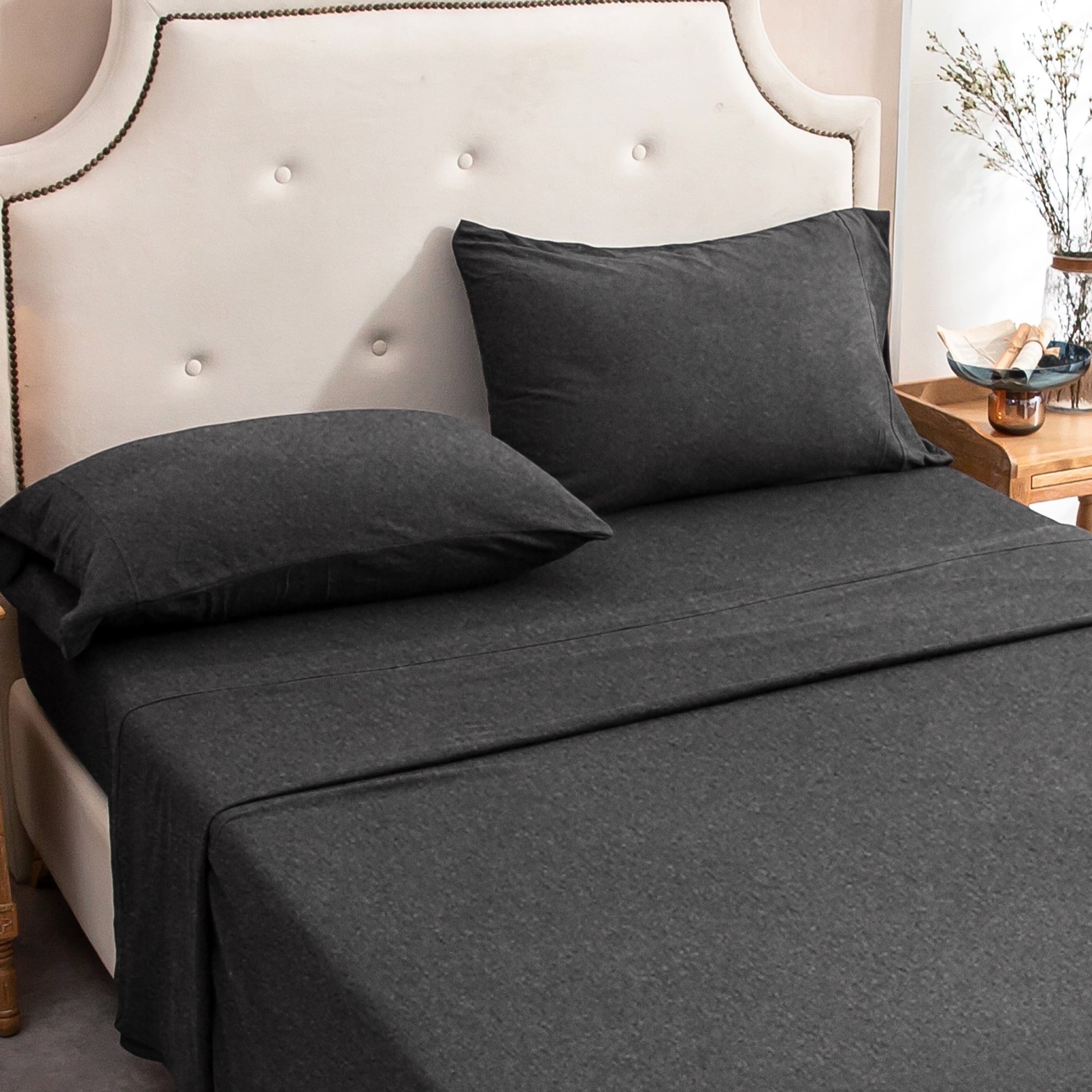 100% Cotton Jersey Knit 4pc Bed Sheet Set Extra Deep Pocket up to 20" Charcoal Gray Queen