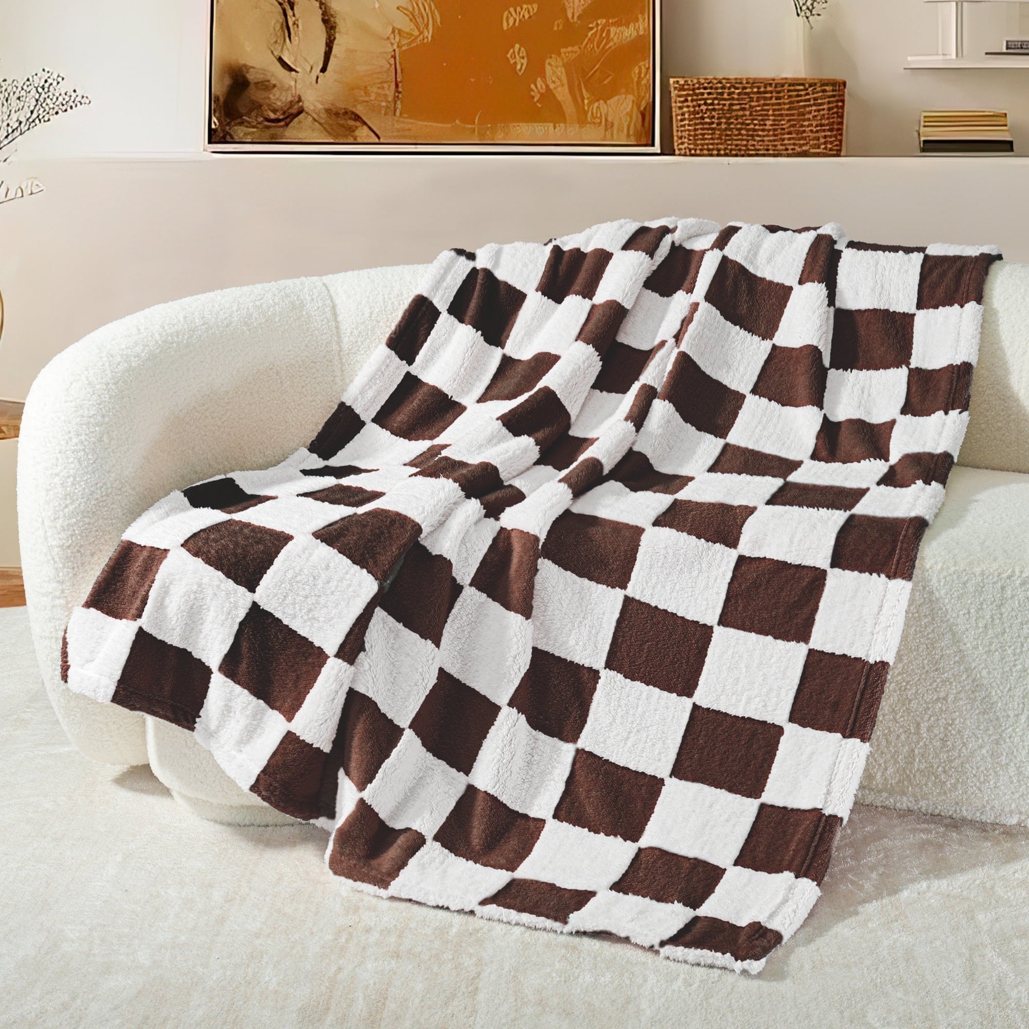 Checkered Throw Blanket, Super Soft and Warm Fluffy Fleece Blanket for Couch, Sofa, Bed, Cute Plaid Pattern, Coffee, ...