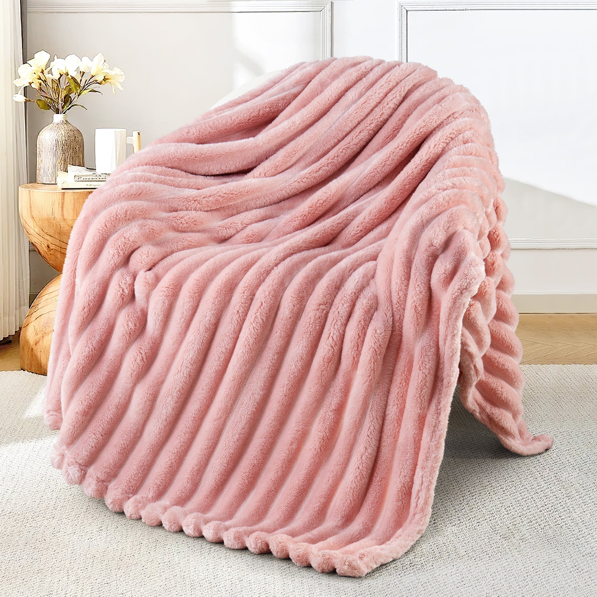 Fleece Throw Blanket for Couch, Super Soft 3D Striped Jacquard Blanket, Lightweight Fuzzy Cozy Blankets, Pink, 50"x60"