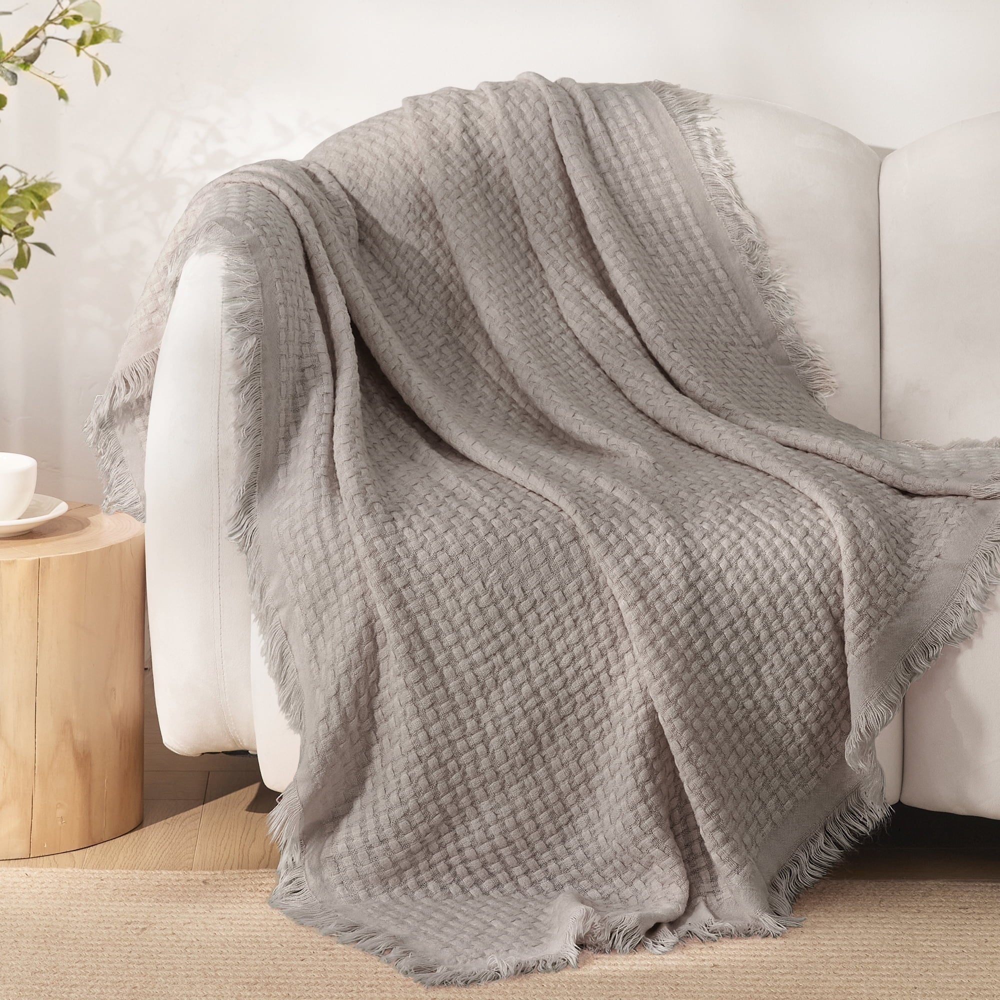 Knitted Throw Blanket with Fringes for Couch, Soft and Warm Textured Throw for All Season, Lightweight Breathable Roo...