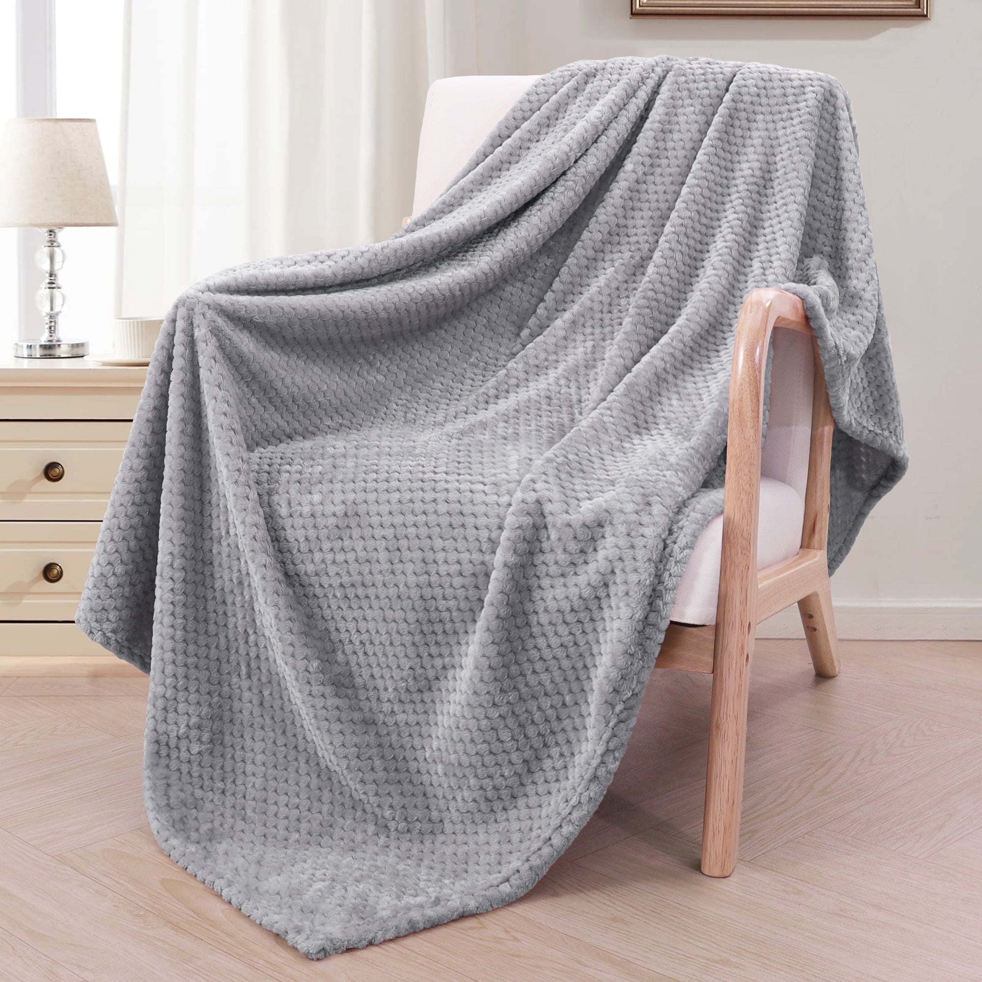 Waffle Textured Extra Large Fleece Blanket, Super Soft and Warm Throw Blanket for Couch, Sofa and Bed (Light Grey, 50...