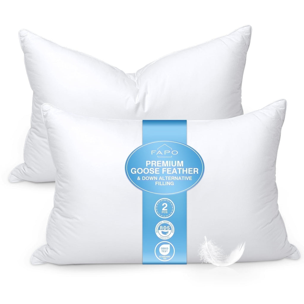 Goose Feather and Down Pillows Queen Size Set of 2 Luxury Hotel Bed Pillows with Cotton Cover