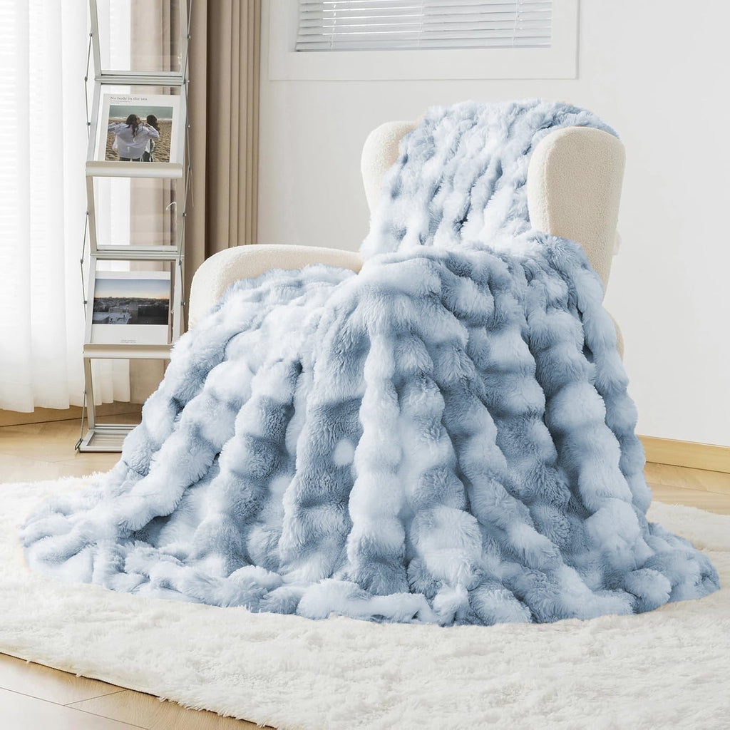 Faux Fur Blanket Fluffy Luxury Throw Blanket Plush Fuzzy Blanket for Couch Bed 50×60 Inches Tie-dyed Blue