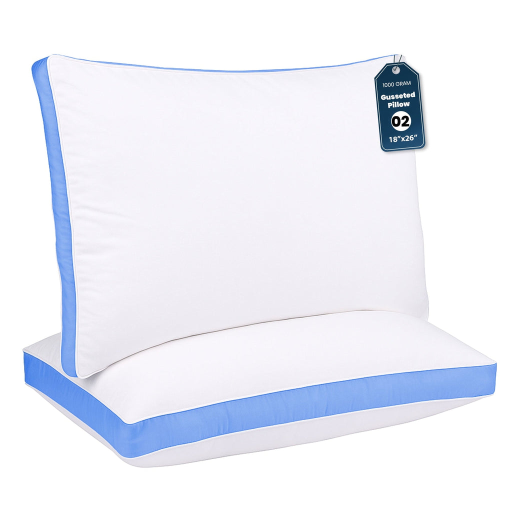 Gusseted Queen 18x26 Bed Pillows for Sleeping Set of 2 Polycotton White Blue Stripe Comfortable