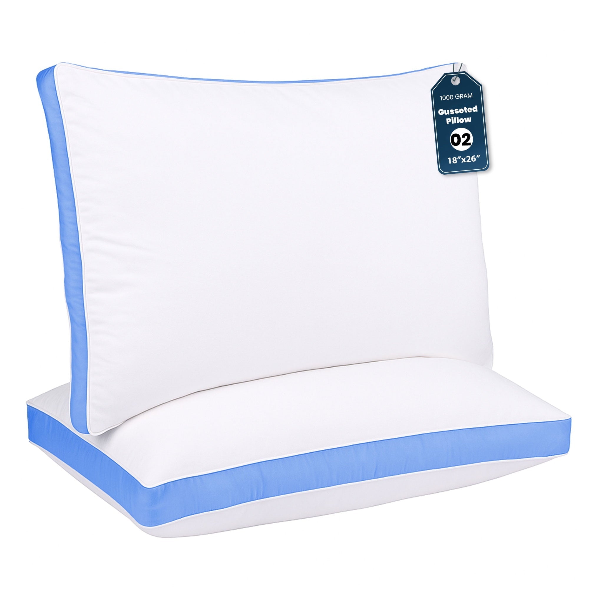 Gusseted Queen 18x26 Bed Pillows for Sleeping Set of 2 Polycotton White Blue Stripe Comfortable
