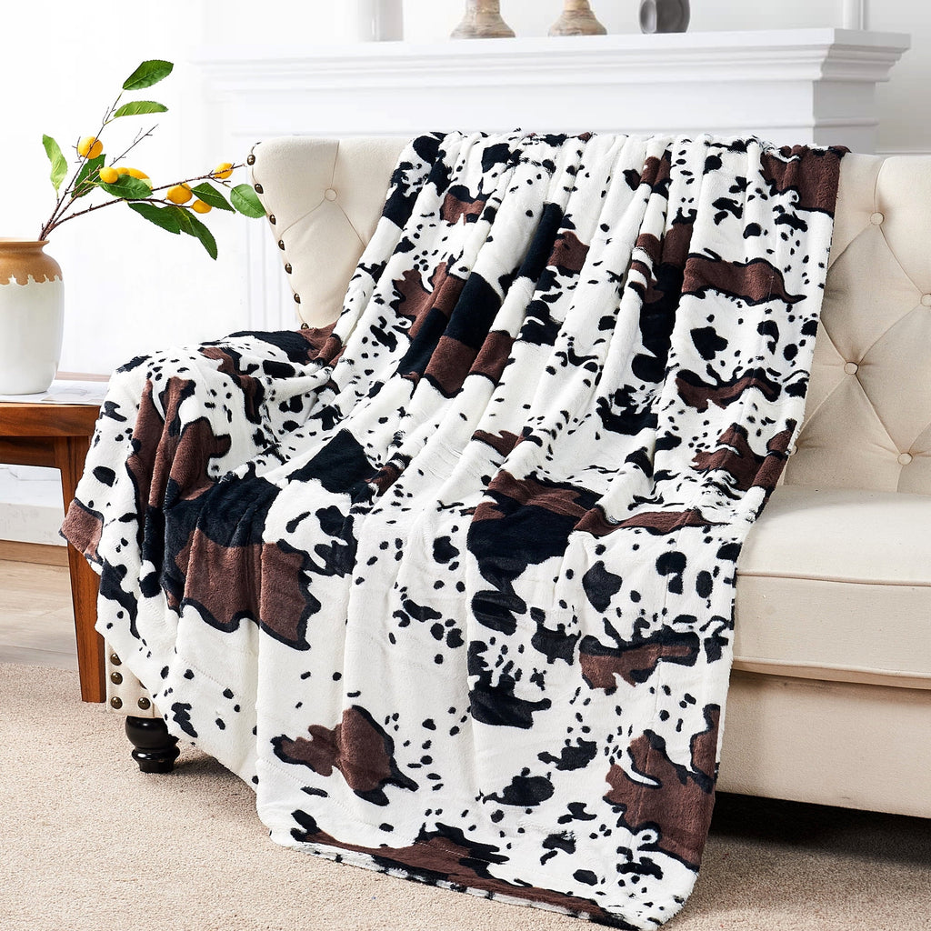 Cow Print Double Sided Faux Fur Throw Blanket, Soft Cozy Fuzzy Black and White Throw, 50x60 inches