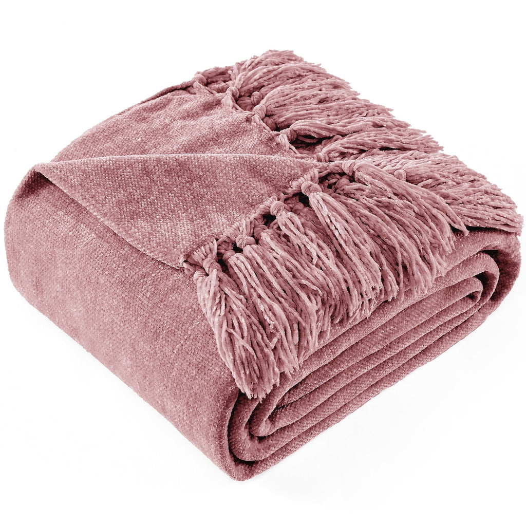 Chenille Throw Blanket with Fringe Tassel for Couch Sofa Chair Bed, Mauve 50" X 70"