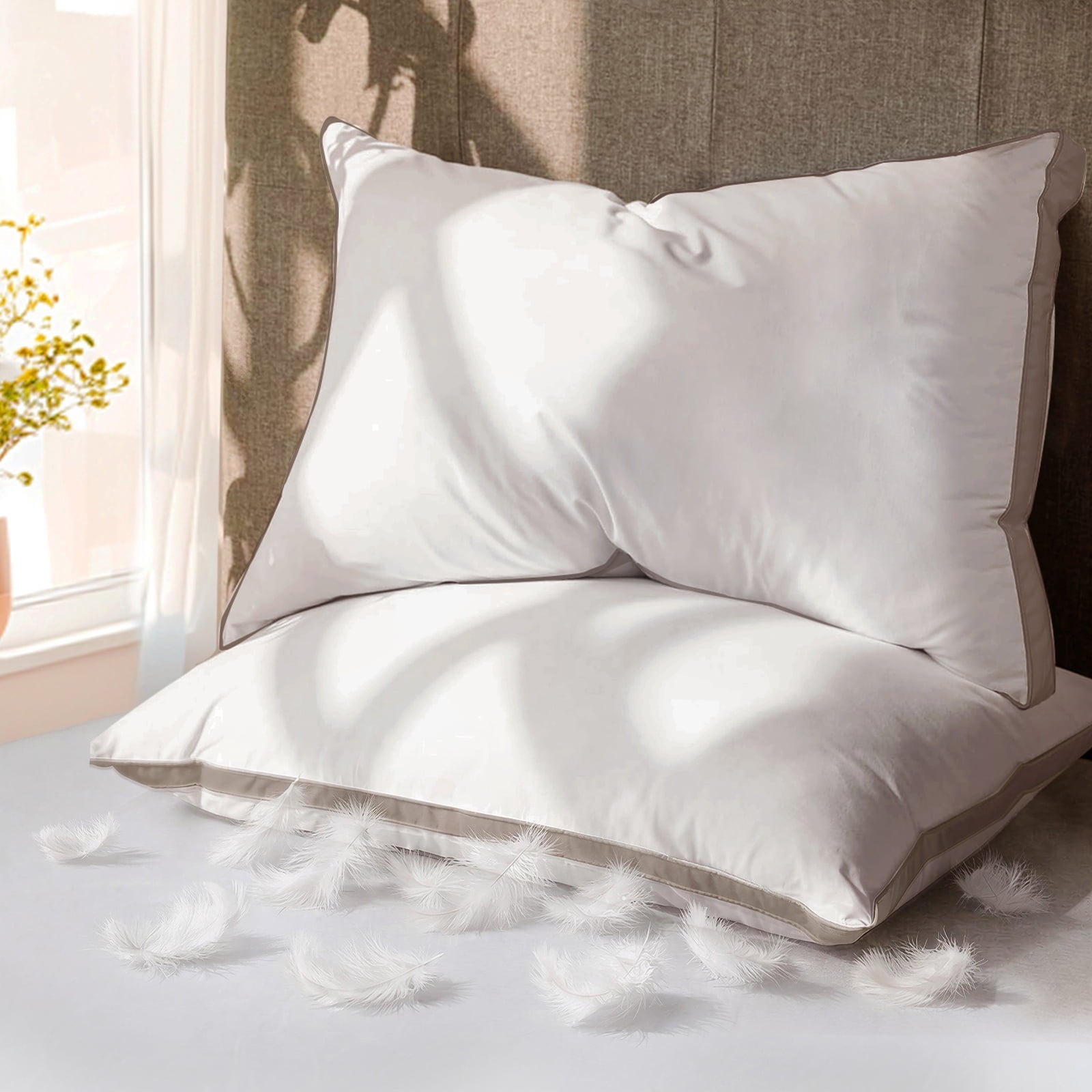 Goose Feather Down Pillows Queen Size Set of 2, 100% Cotton Cover Hotel Collection Bed Pillows，20"x28"