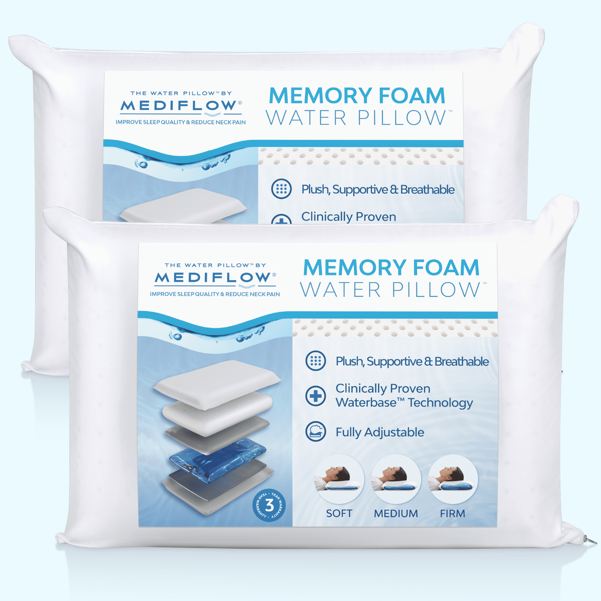 Memory Foam Water Pillow - Adjustable Pillow for Neck Pain Relief, Pillow for Side, Back, and Stomach Sleepers, The O...