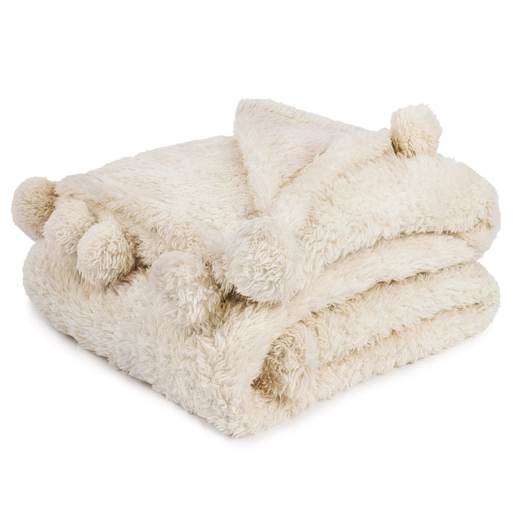 Ivory Cream Sherpa Throw Blanket with Soft Pom Pom Fringe, Plush Cozy Warm Blankets for Couch Bed Sofa, Fuzzy Fleece ...