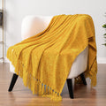 Mustard Yellow Chenille Throw Blanket for Couch, Soft Gold Knit Blanket with Tassel Fringe, Woven Chenille Knitted De...