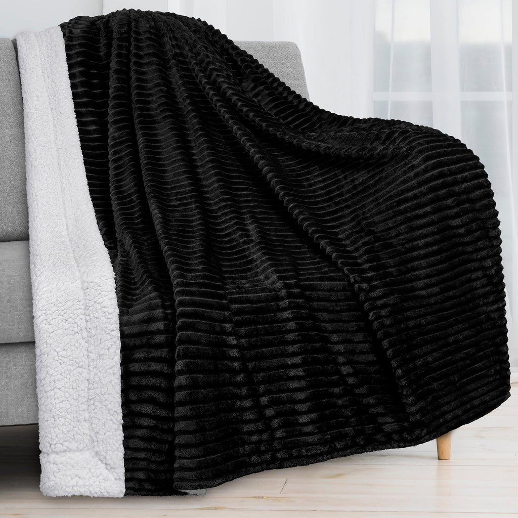 Reversible Sherpa Fleece Throw Blanket Black, Plush Flannel Throw, Ultra Soft Warm Ribbed Microfiber Blanket for Sofa...