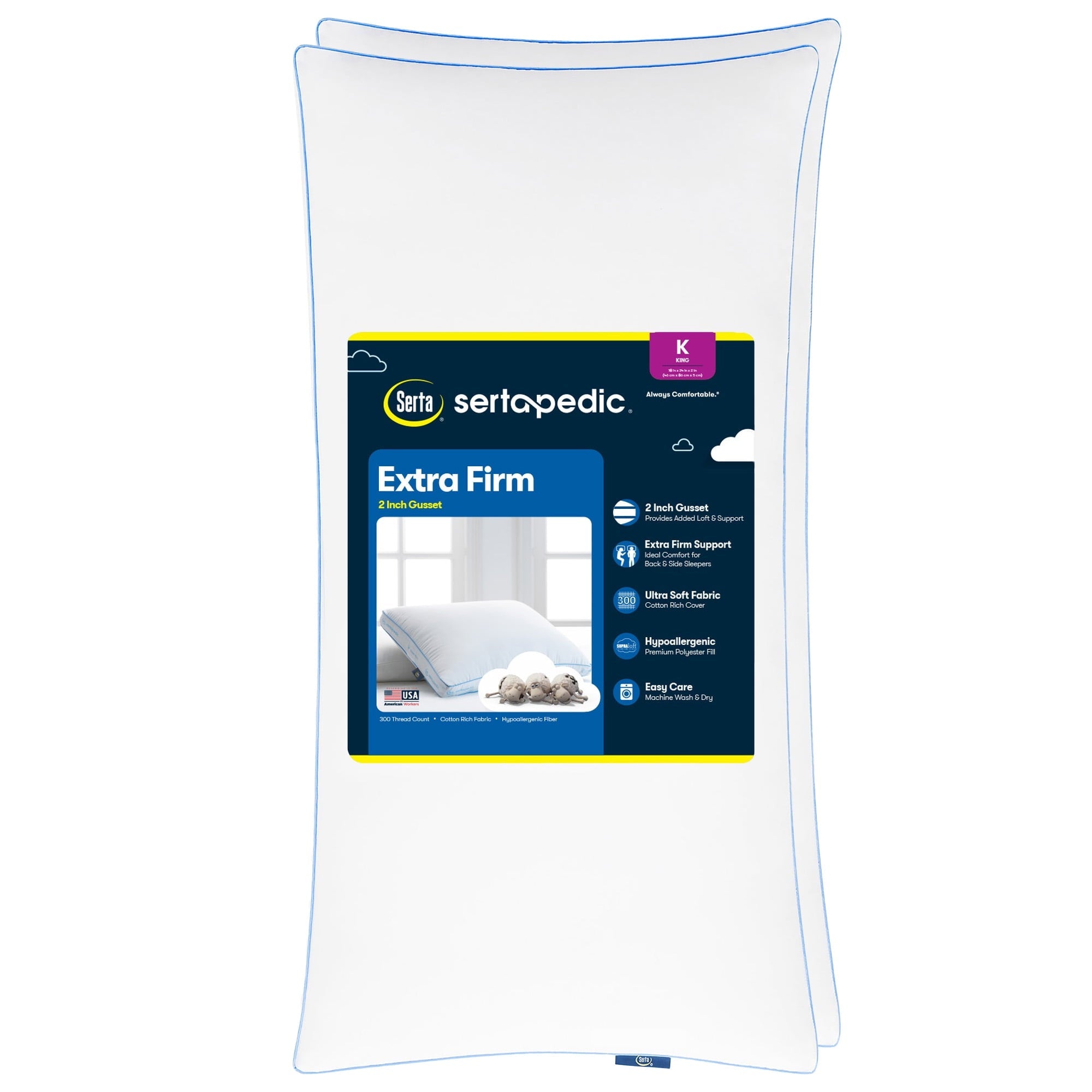 pedic Extra Firm Bed Pillow, King, 2 Pack, Hypoallergenic