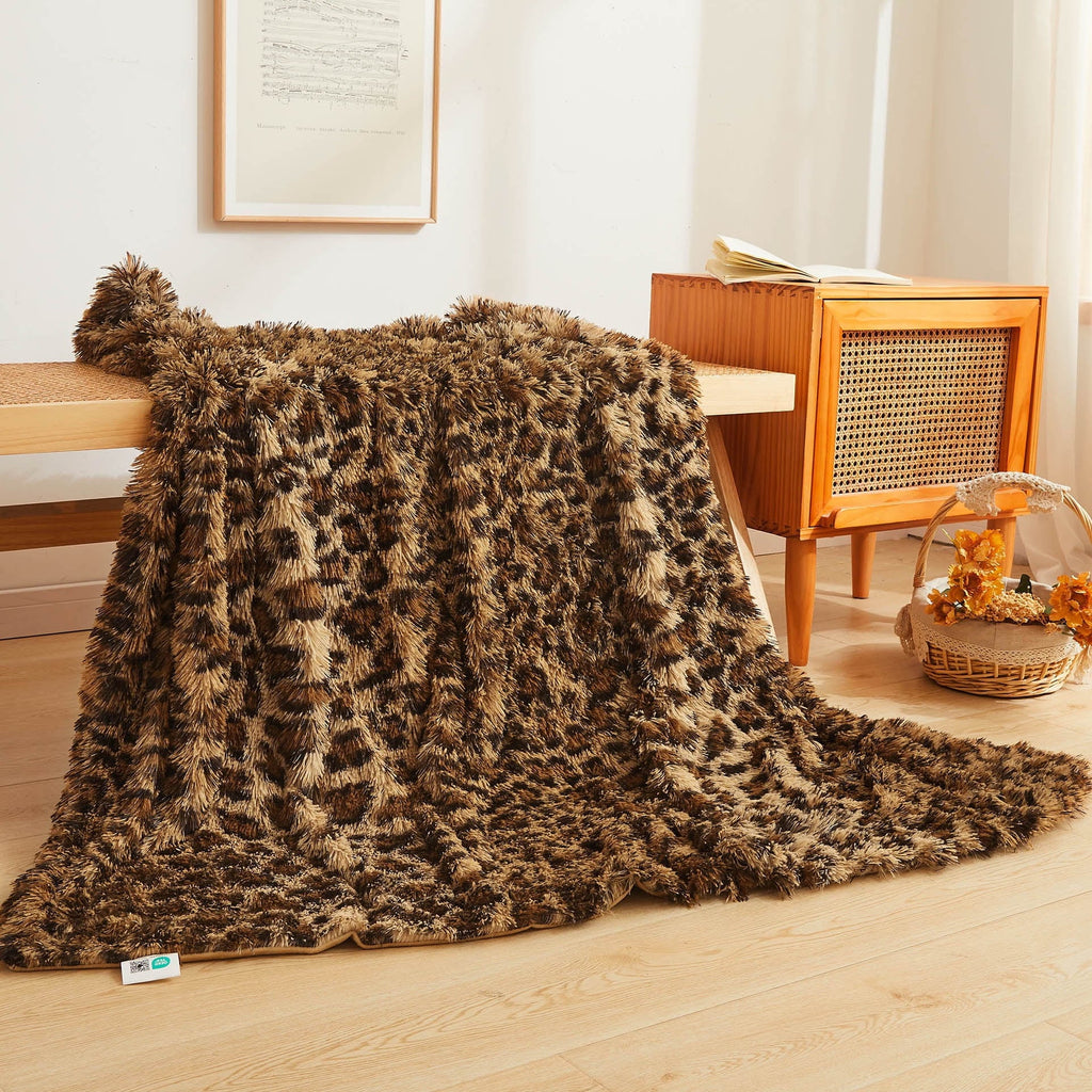 Luxury Faux Fur Leopard Print Throw, Soft 50x60 Cheetah Print Fluffy Blanket, Shaggy Plush Decorative Couch Throw, Cu...