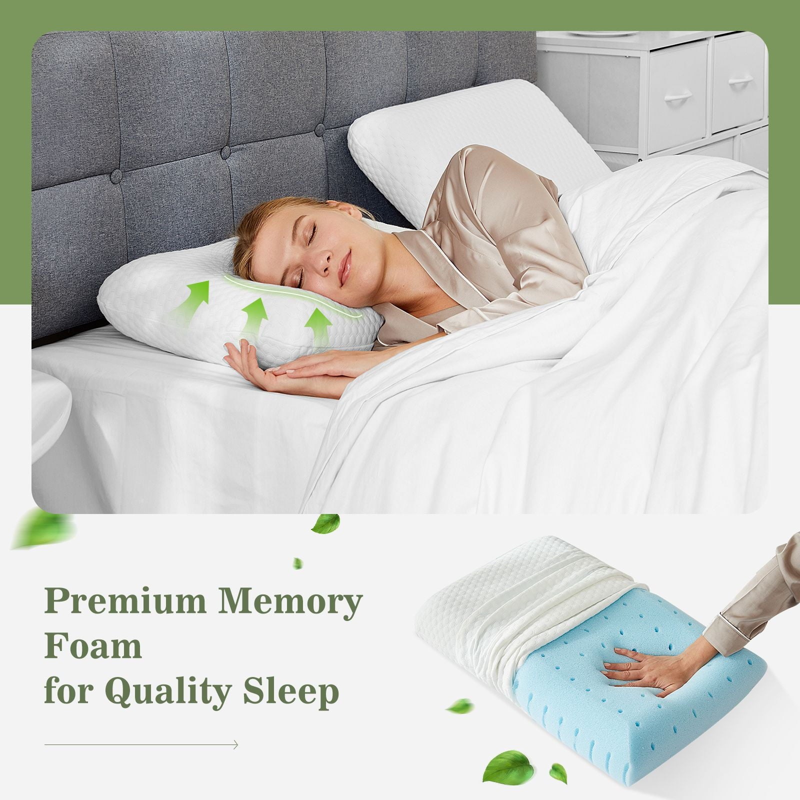 Memory Foam Pillow for Sleeping, 24"D x 16"W x 4.7"H, Soft Supportive Hotel Pillow for Bed, Washable Cover, Set of 2