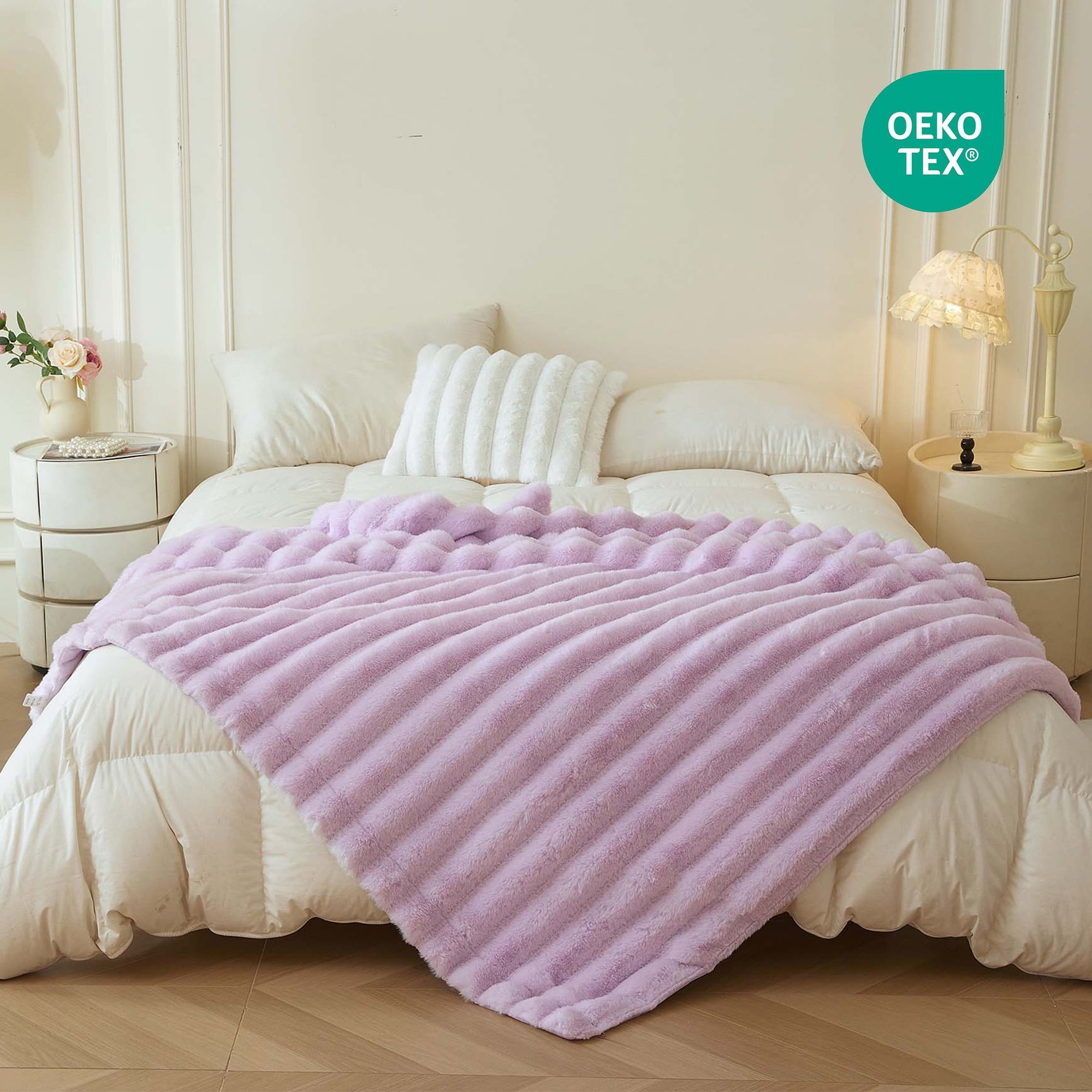 Fluffy Faux Rabbit Fur Throw, Cozy Wide Stripe Plush Fuzzy Blanket for Bed Couch Sofa Chair, Light Purple Shaggy Thro...
