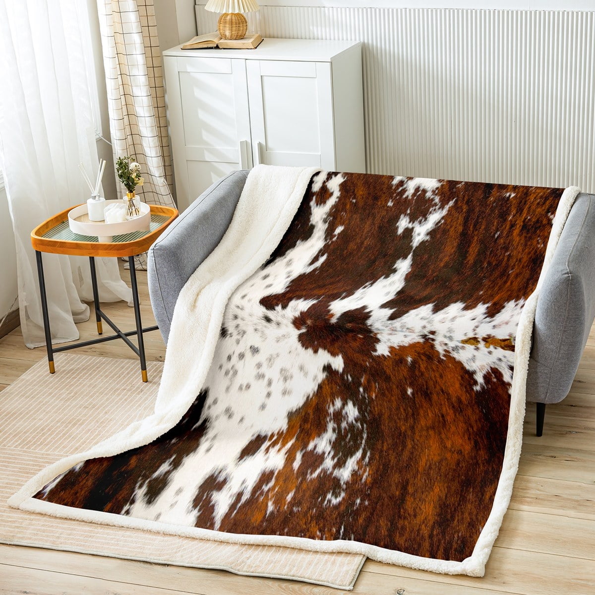 Milk Cow Print Throw Blanket for Bed Chair,Black Brown Cowhide Fleece Blanket 50"x60",Farmhouse Rustic Animal Skin We...