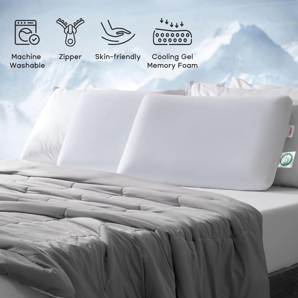 Ultra Thin Cooling Memory Foam Pillows, Summer Bed Pillows for Back, Stomach or Side Sleepers, Flat Pillow with Washa...