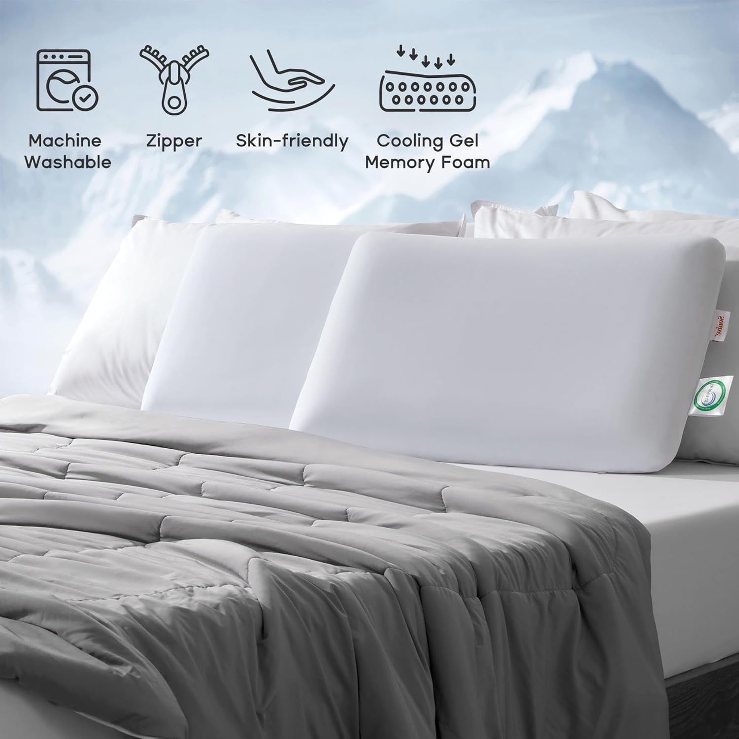 Ultra Thin Cooling Memory Foam Pillows, Summer Bed Pillows for Back, Stomach or Side Sleepers, Flat Pillow with Washa...