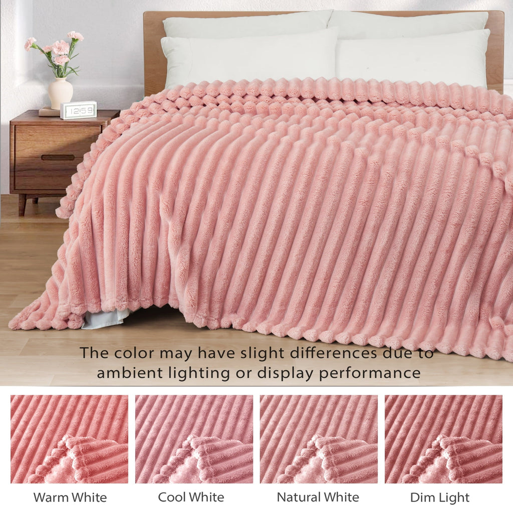 Fleece Throw Blanket for Couch, Super Soft 3D Striped Jacquard Blanket, Lightweight Fuzzy Cozy Blankets, Pink, 50"x60"