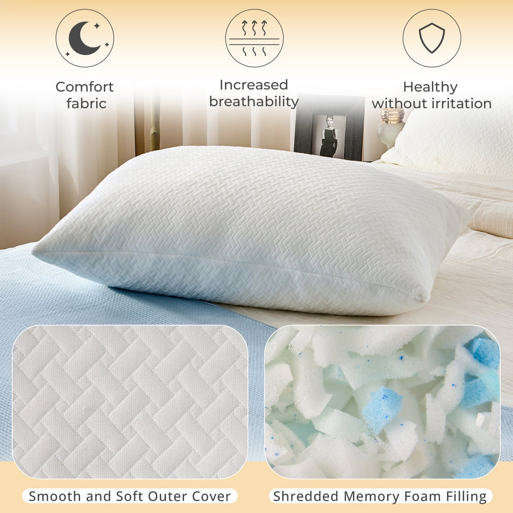 2 Pack Bed Pillow, Shredded Gel Memory Foam Pillow, Standard Queen, Medium, Made in USA