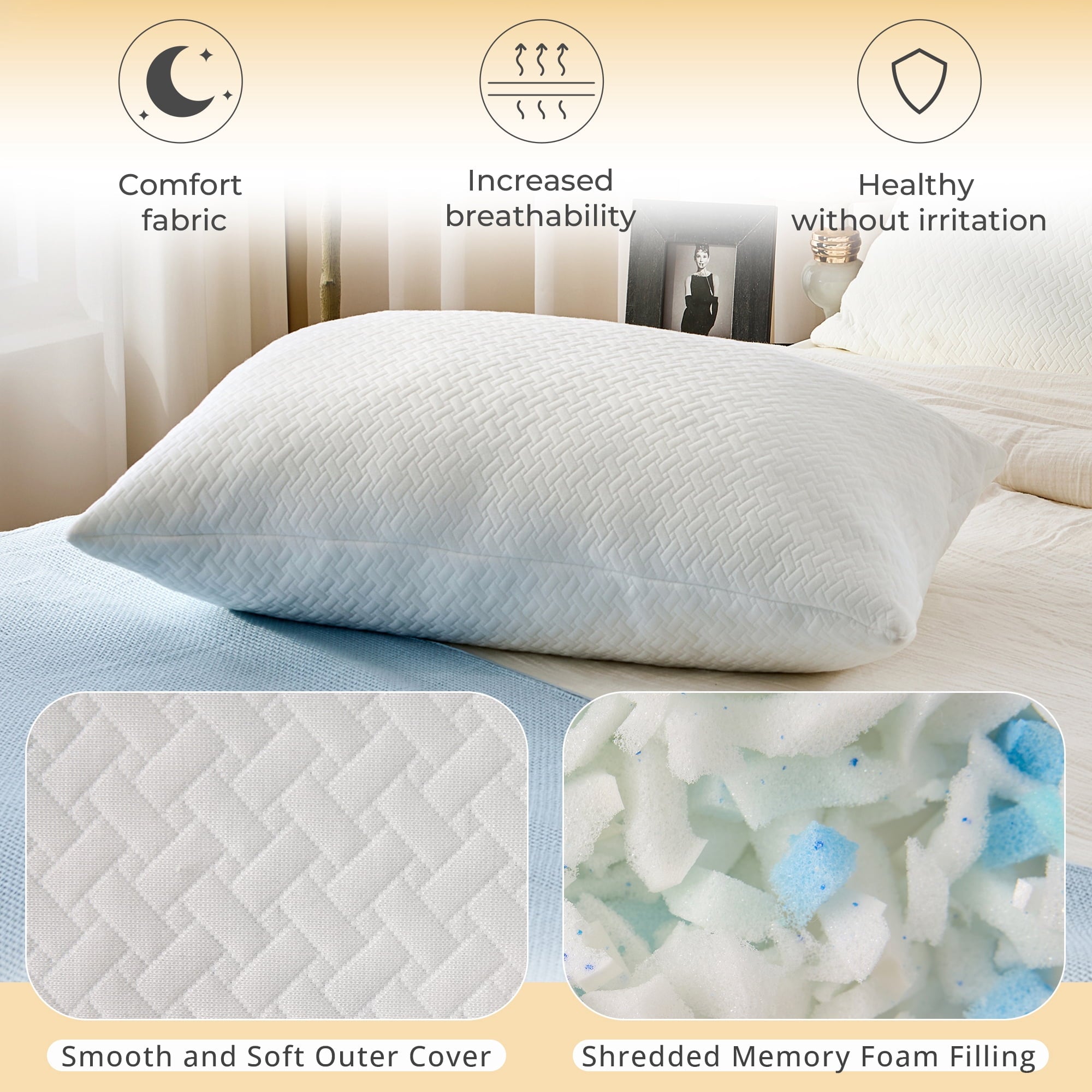 2 Pack Bed Pillow, Shredded Gel Memory Foam Pillow, Standard Queen, Medium, Made in USA