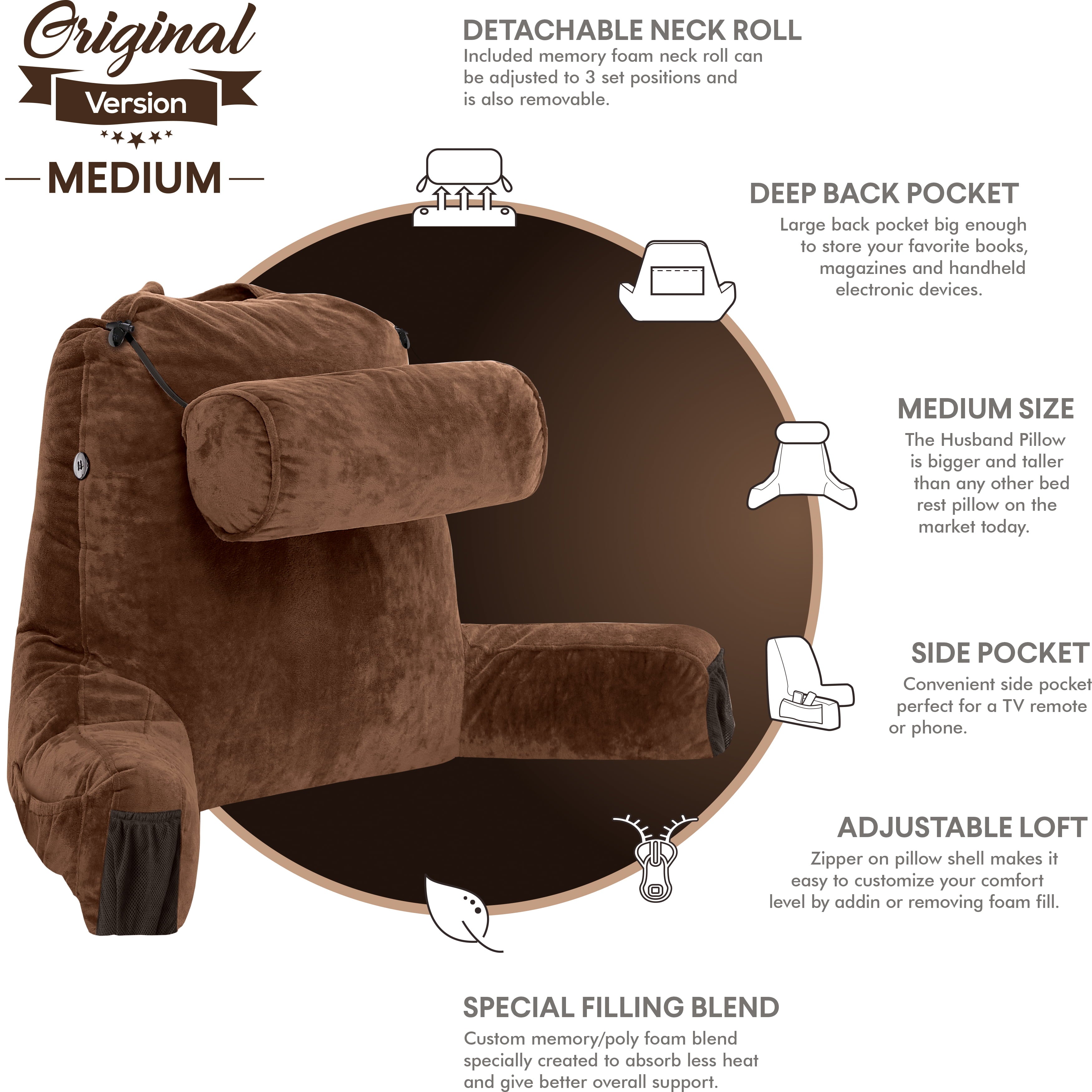 Medium Chocolate Brown, Backrest - Detach Neck Roll, Removable Cover