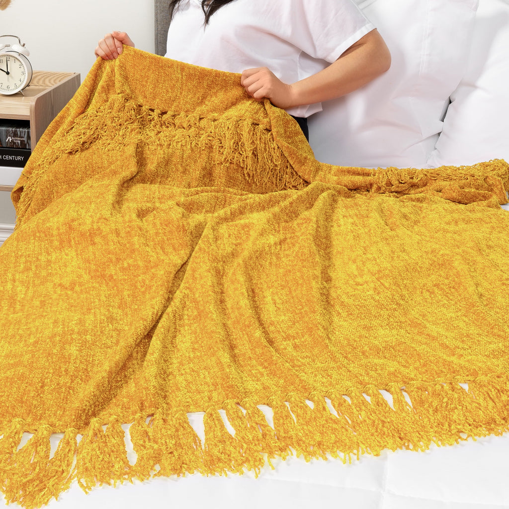Mustard Yellow Chenille Throw Blanket for Couch, Soft Gold Knit Blanket with Tassel Fringe, Woven Chenille Knitted De...