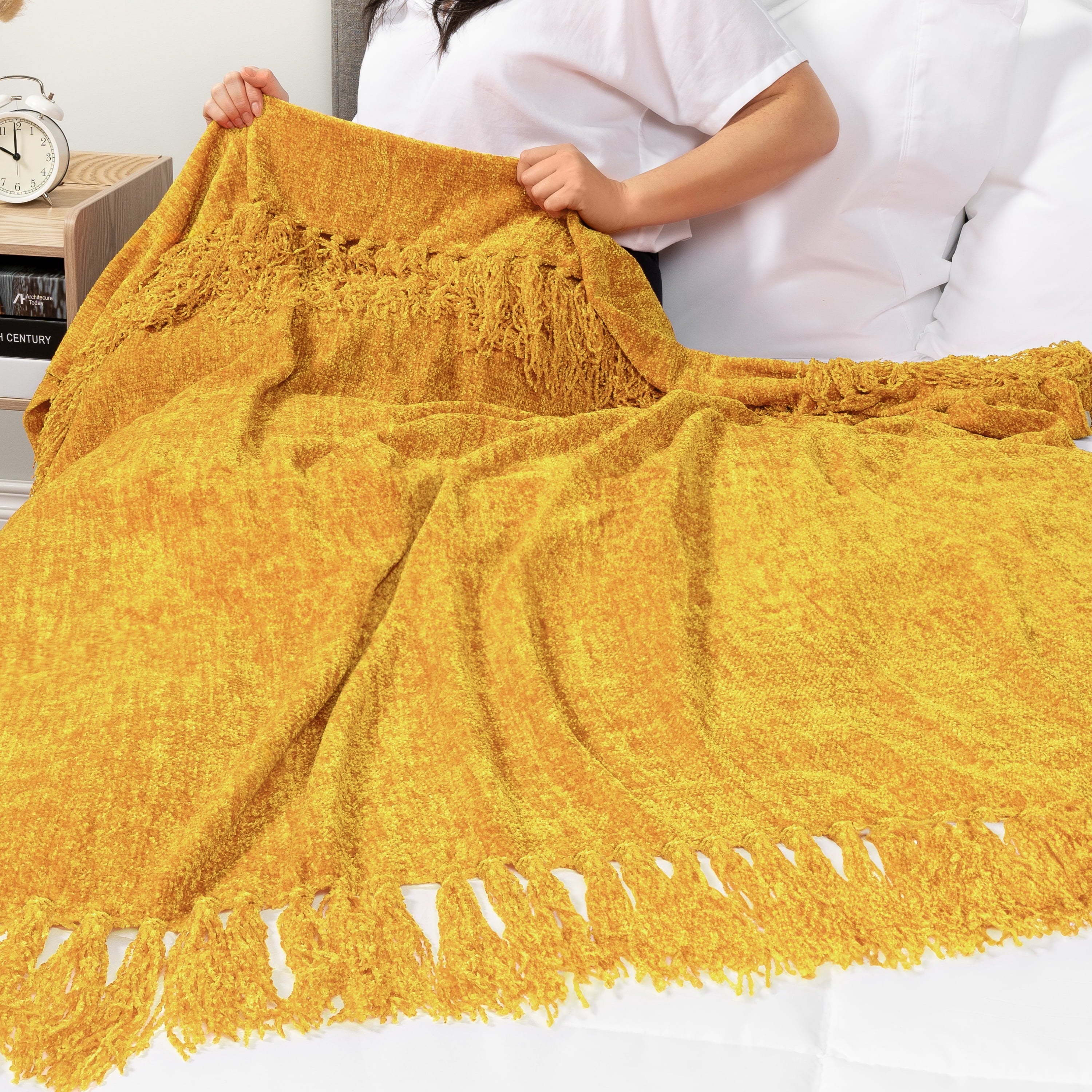 Mustard Yellow Chenille Throw Blanket for Couch, Soft Gold Knit Blanket with Tassel Fringe, Woven Chenille Knitted De...