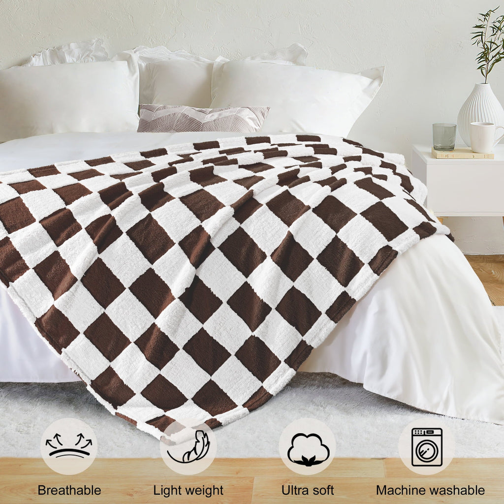 Checkered Throw Blanket, Super Soft and Warm Fluffy Fleece Blanket for Couch, Sofa, Bed, Cute Plaid Pattern, Coffee, ...