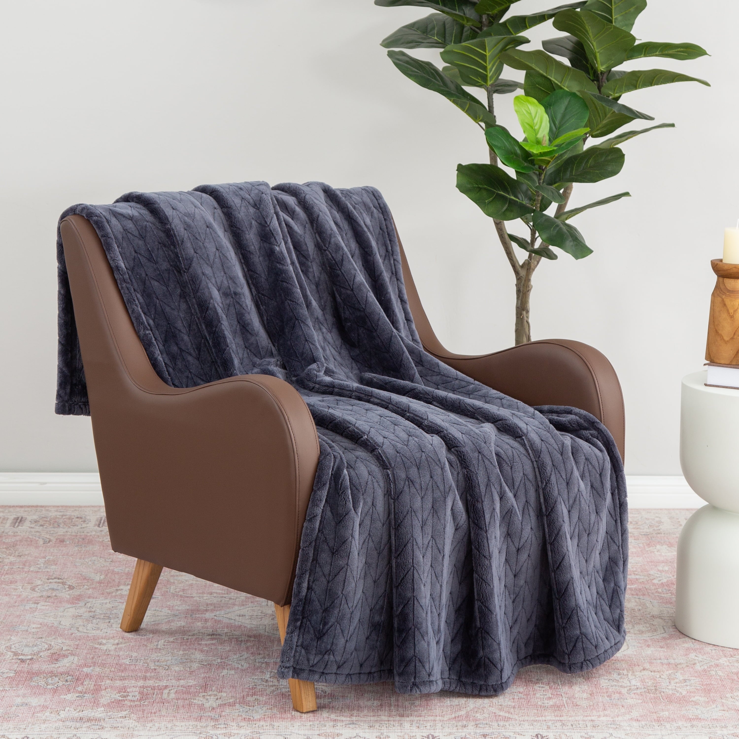 Textured Velvet Plush Soft Fleece Throw Blanket, Oversized, Greystone