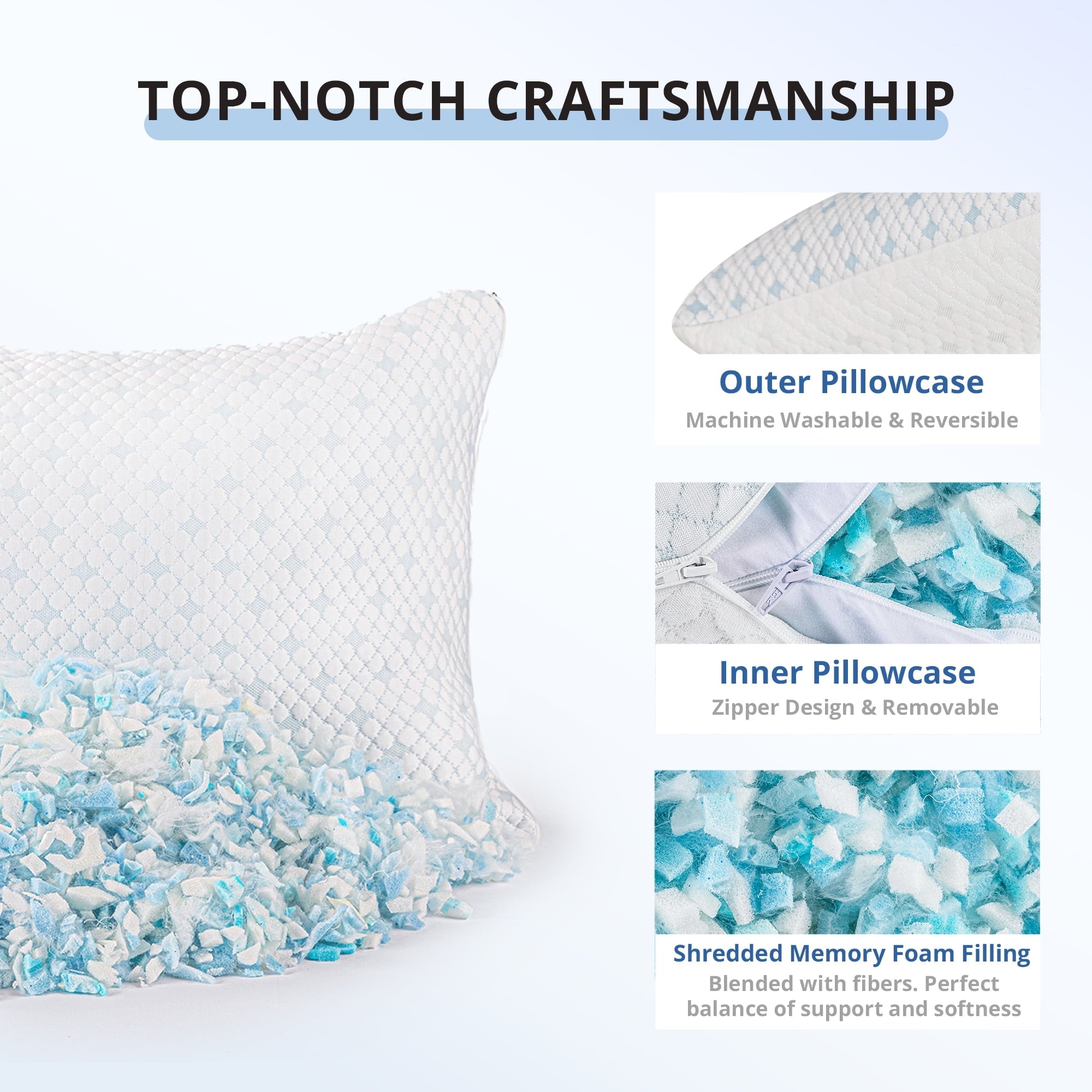 2-Pack Adjustable Cooling Bed Pillows, Shredded Memory Foam Pillows Set of 2, Standard Queen, Dual Sides
