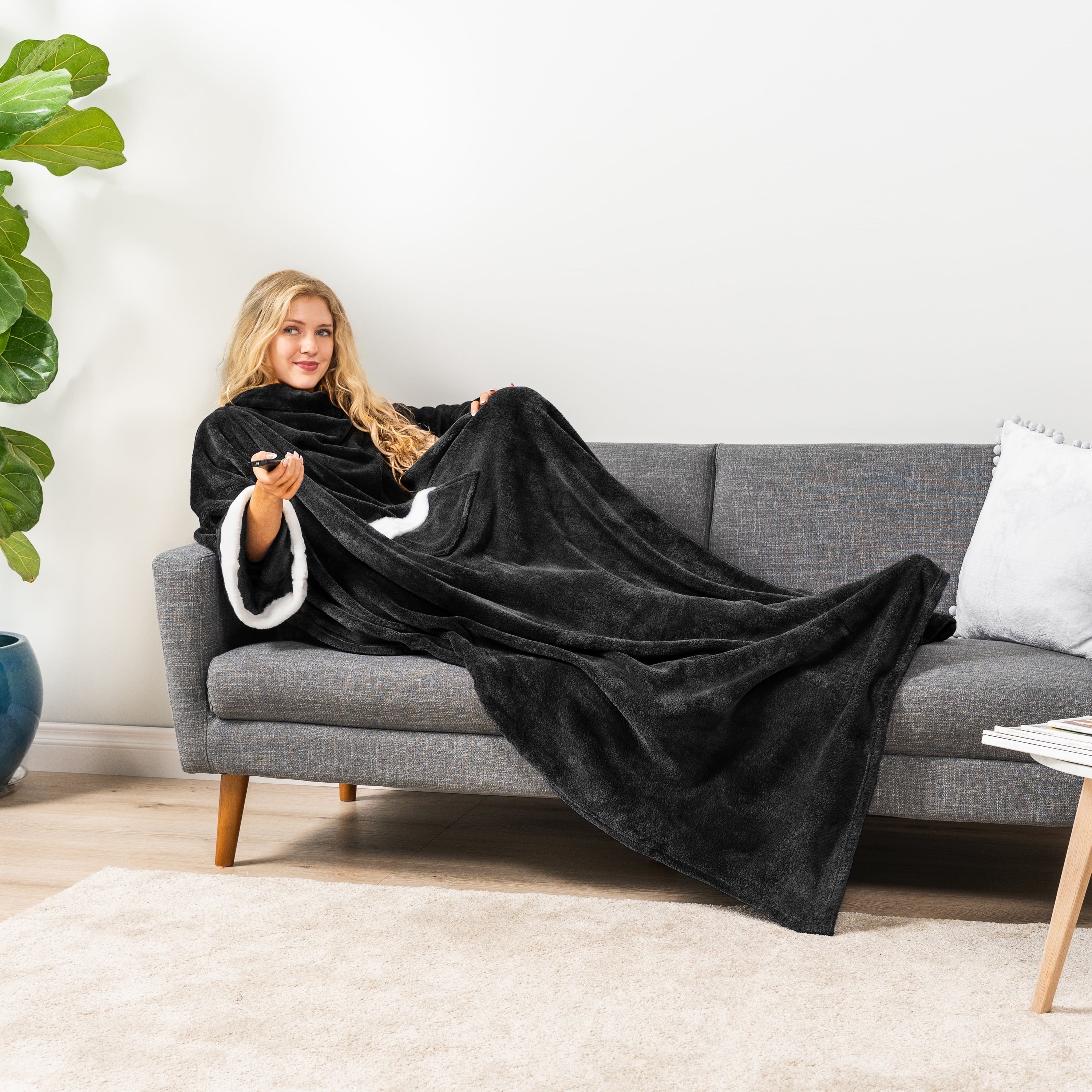 Fleece Blanket with Sleeves for Women Men Adults, Wearable Blanket Warm Soft Plush, Snuggle Pocket Sleeved TV Throw W...