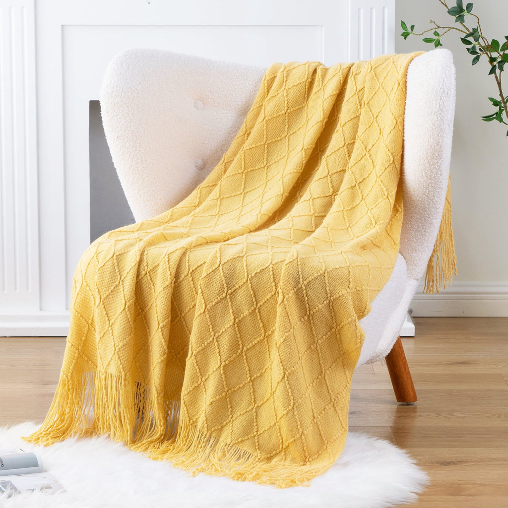 Mustard Throw Blanket for Couch,Gold Yellow Knit Throw with Fringe,Outdoor Throw ,50"x60"
