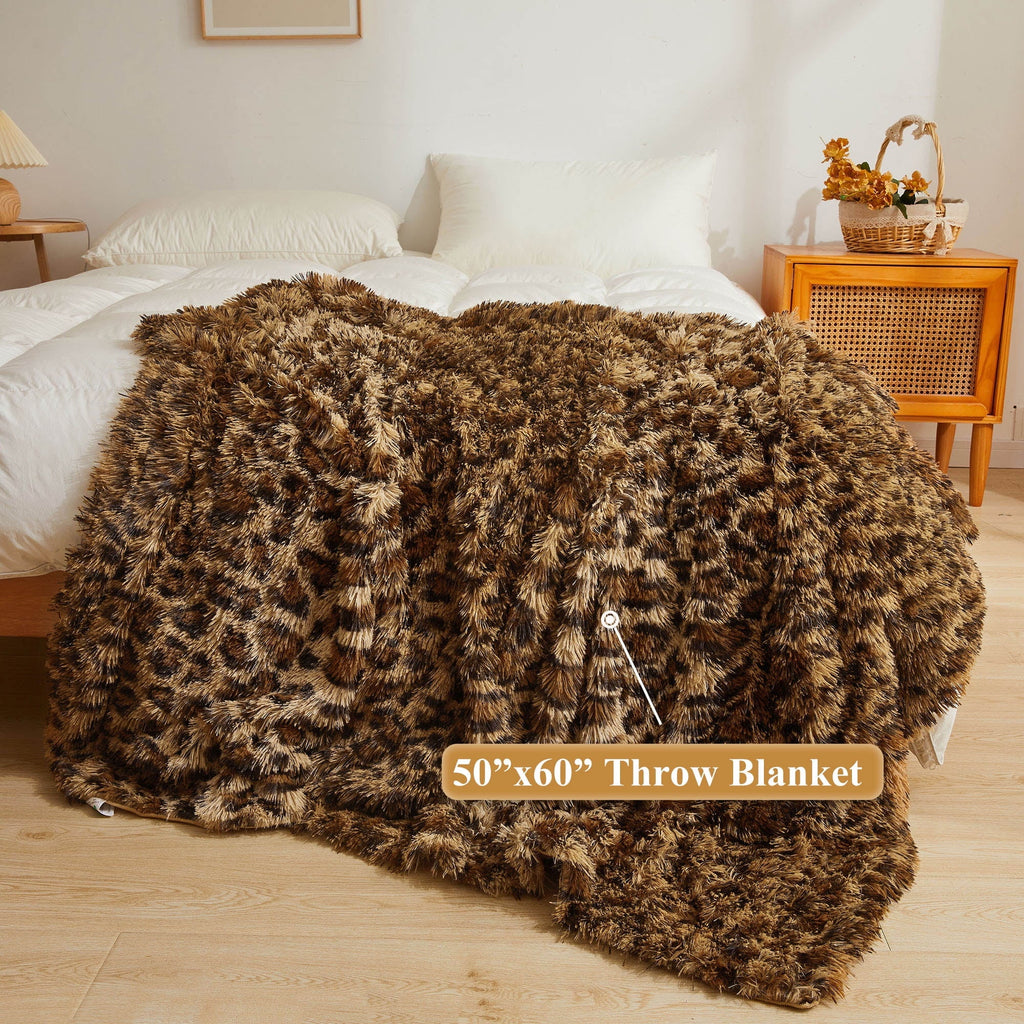 Luxury Faux Fur Leopard Print Throw, Soft 50x60 Cheetah Print Fluffy Blanket, Shaggy Plush Decorative Couch Throw, Cu...
