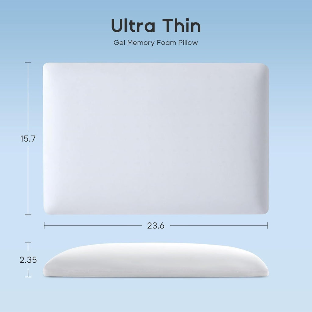 Ultra Thin Cooling Memory Foam Pillows, Summer Bed Pillows for Back, Stomach or Side Sleepers, Flat Pillow with Washa...