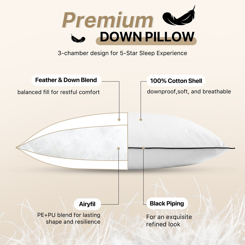 Feather Down Pillows Set of 2, Medium Firm Hotel Bed Pillow 2 Pack, Queen Size, 20 x 30 in.