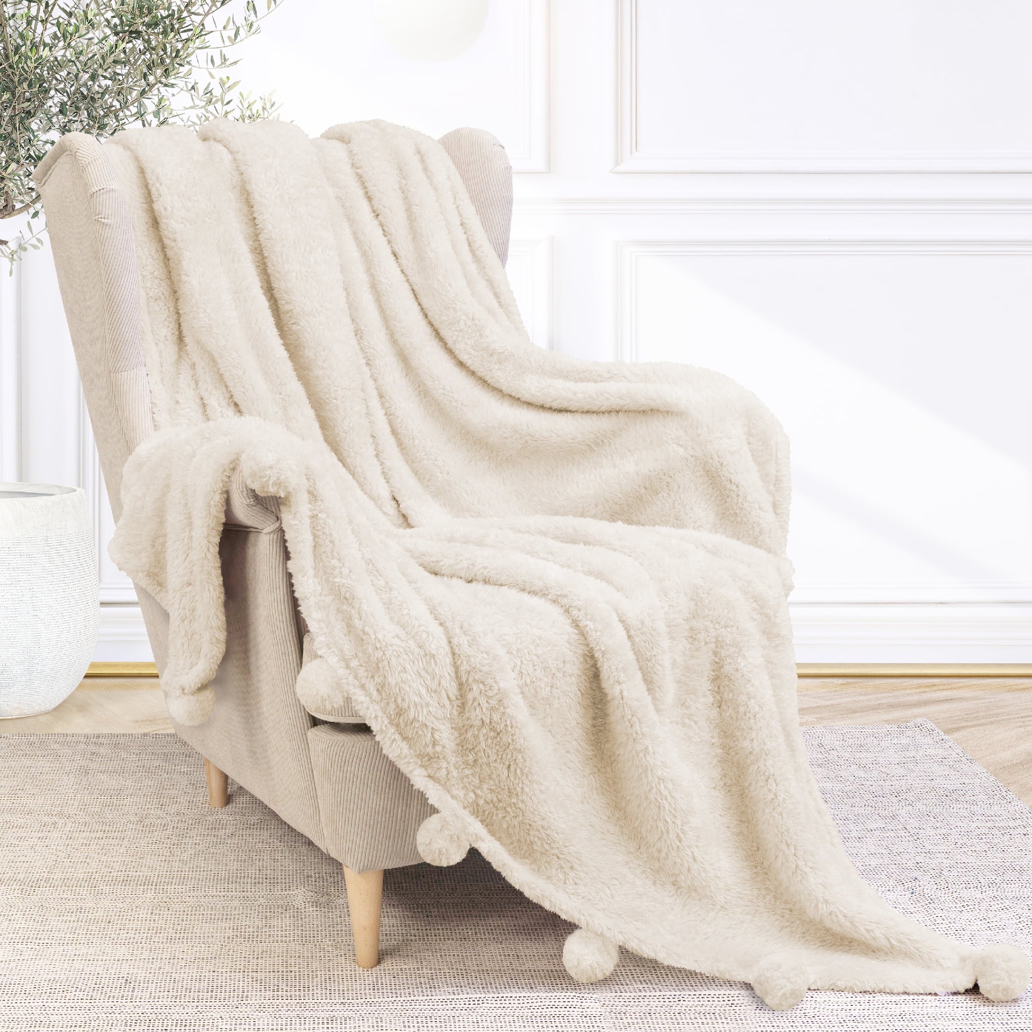 Ivory Cream Sherpa Throw Blanket with Soft Pom Pom Fringe, Plush Cozy Warm Blankets for Couch Bed Sofa, Fuzzy Fleece ...