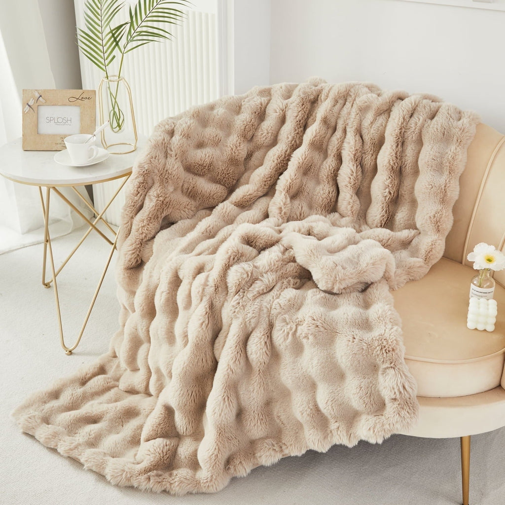 Taupe Faux Fur Bubble Blankets for Couch Chair Sofa Luxury Fluffy Thick Bubble Throw Blanket Furry Blanket Fuzzy Soft...