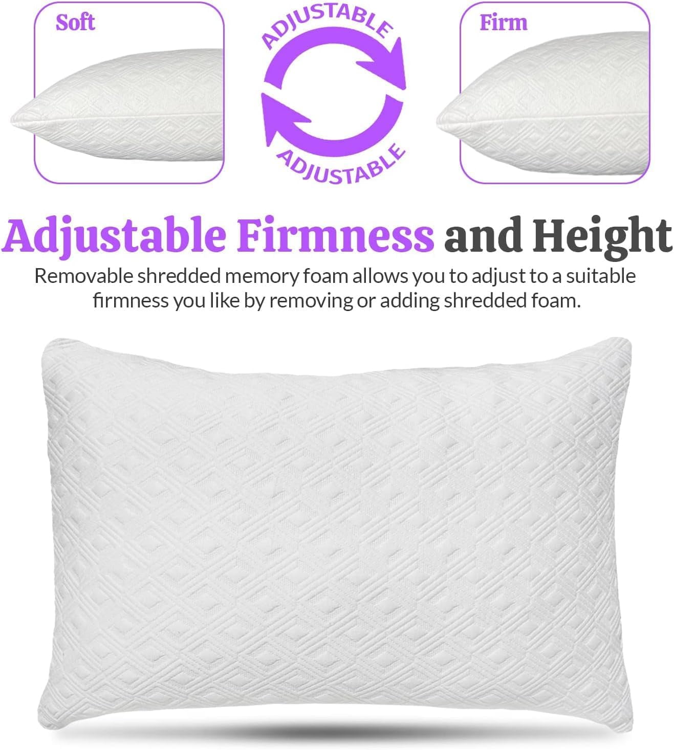 King Size Bamboo Pillow, Memory Foam Bed Pillows with Washable Pillowcases, King