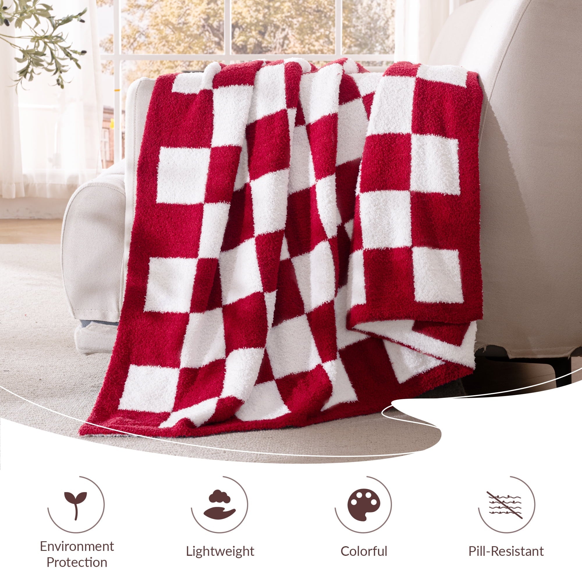 Checkered Knit Throw Blanket, Ultra Soft Cozy Fluffy Checkerboard Blankets, Lightweight Fuzzy Plush Throw for Couch a...