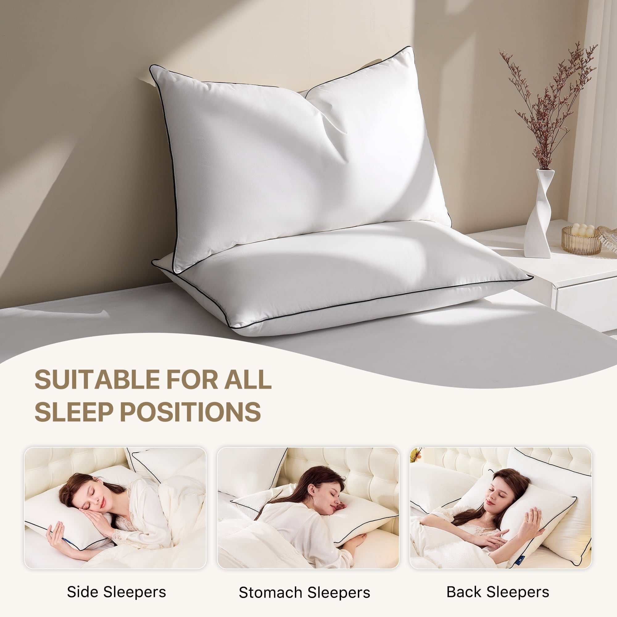 Feather Down Pillows Set of 2, Medium Firm Hotel Bed Pillow 2 Pack, Queen Size, 20 x 30 in.